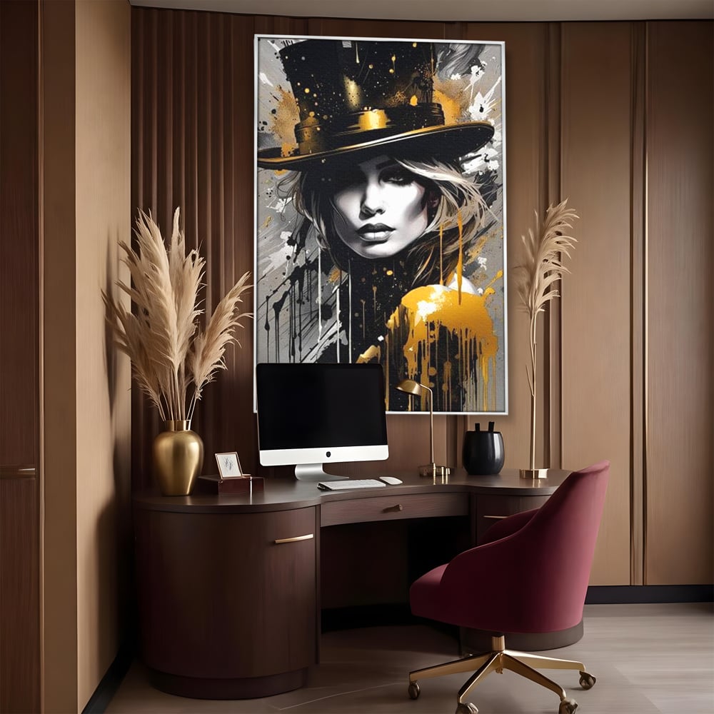 Tablou canvas cu tablou canvas cu portret de femeie cu joben, in rama de aluminiu argintiu, pe perete intr-un birou